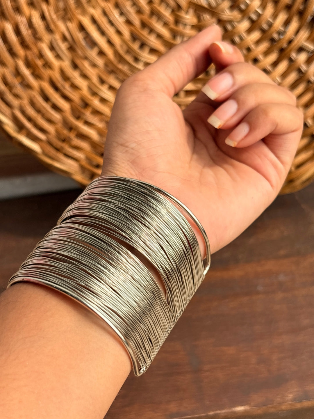 Taarika Oxidised Silver-Tone Broad Multi-Layer Bangle Cuff