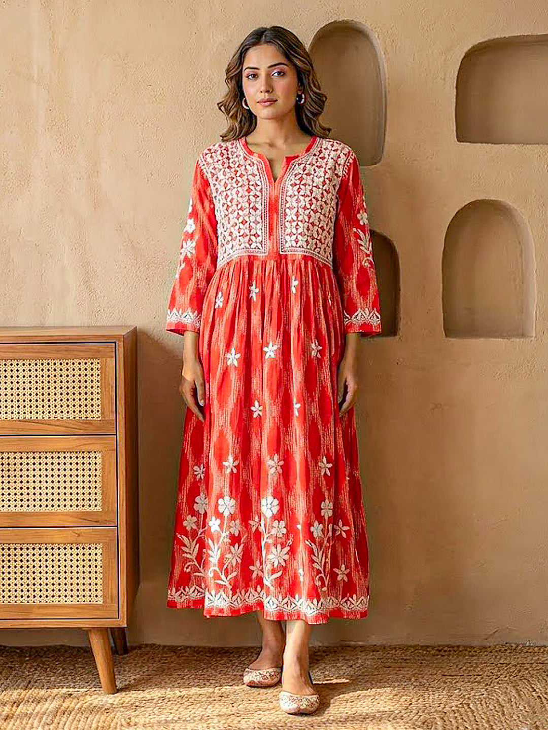 Peach Mulmul Chikankari Anarkali Kurta