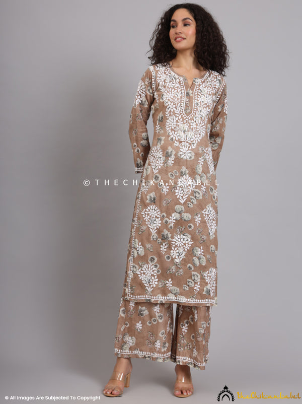 Brown mulmul cotton chikankari kurta set with white floral embroidery