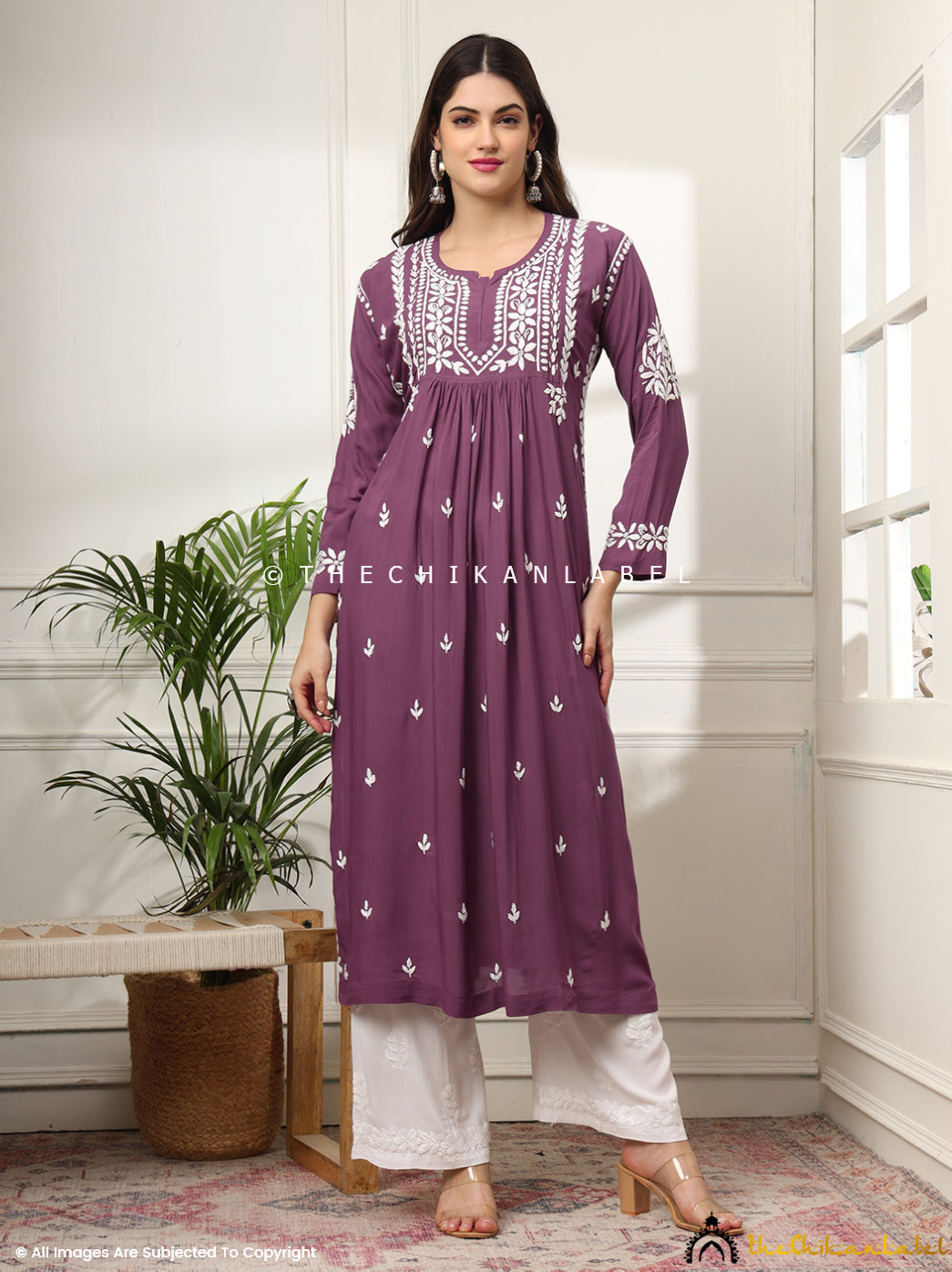 Mauve Aardhya Rayon Chikankari A-Line Kurti