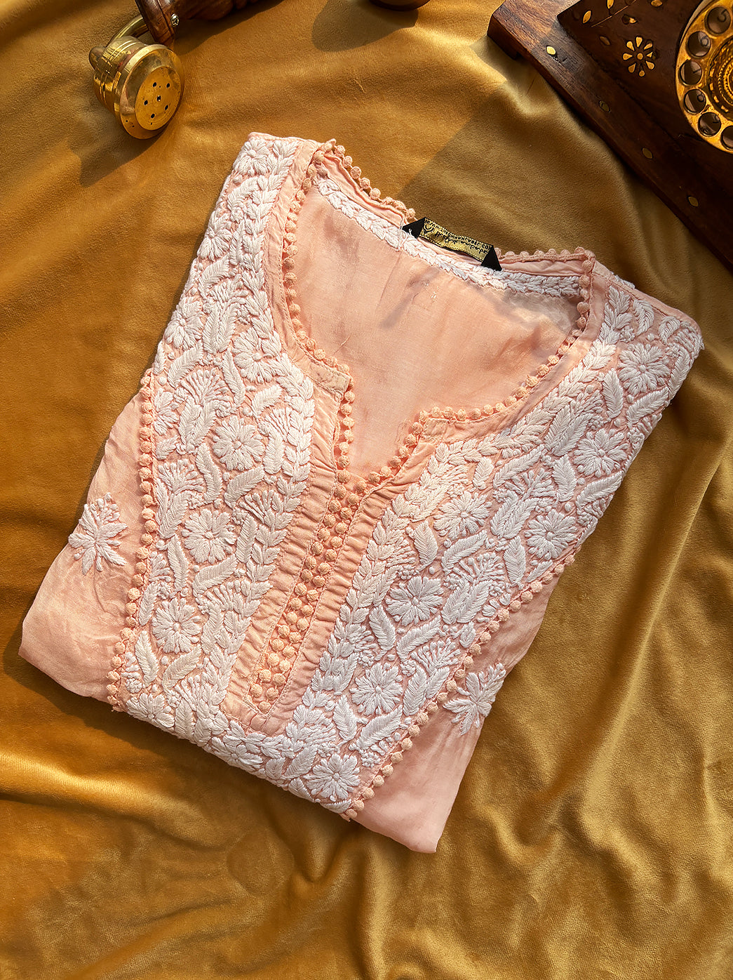 Peach Nargis Muslin Chikankari Straight Kurti