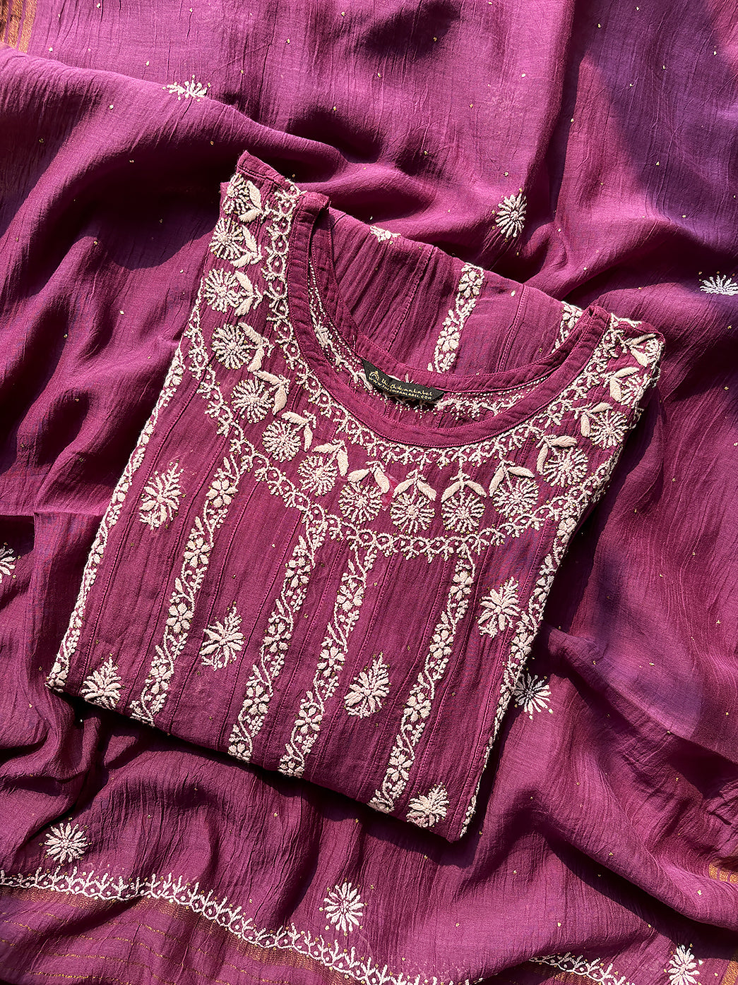 Purple Bhoomi Tissue Silk Chikankari Straight Kurti with Dupatta