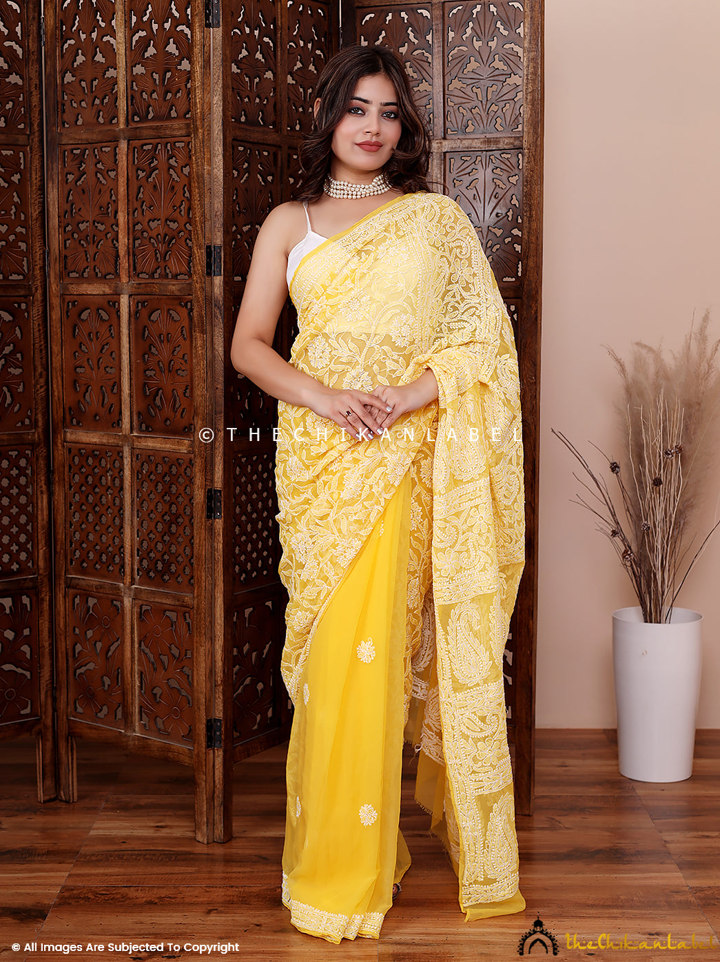 Yellow Sahira Georgette Chikankari Half Jaal Saree