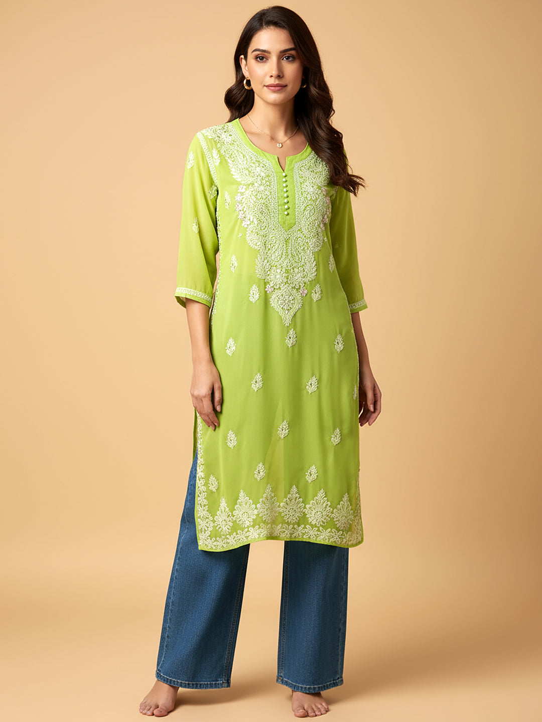 Pista Green Georgette Chikankari Straight Kurti