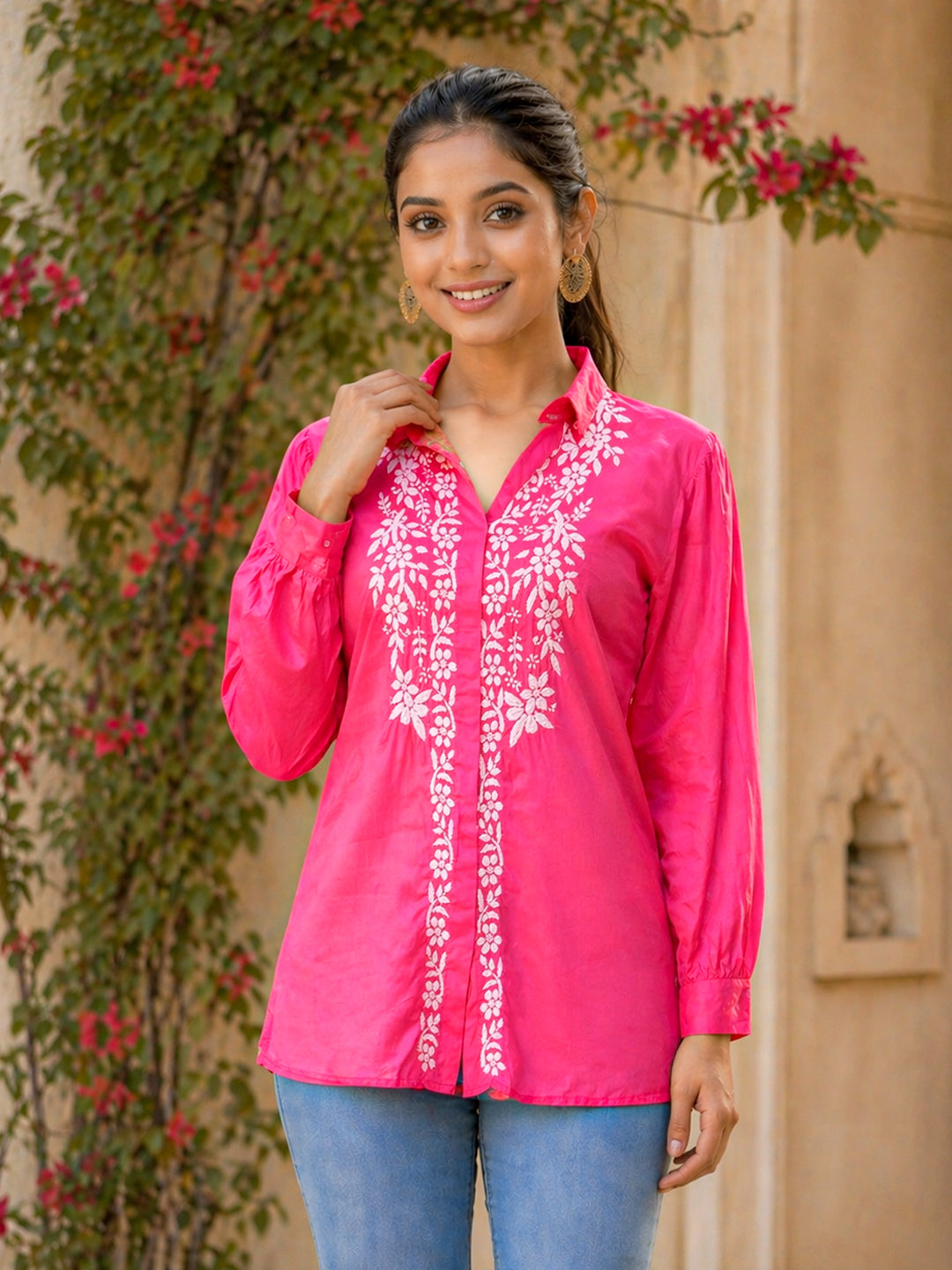 Drisha Mulmul Cotton Chikankari Shirt - Pink