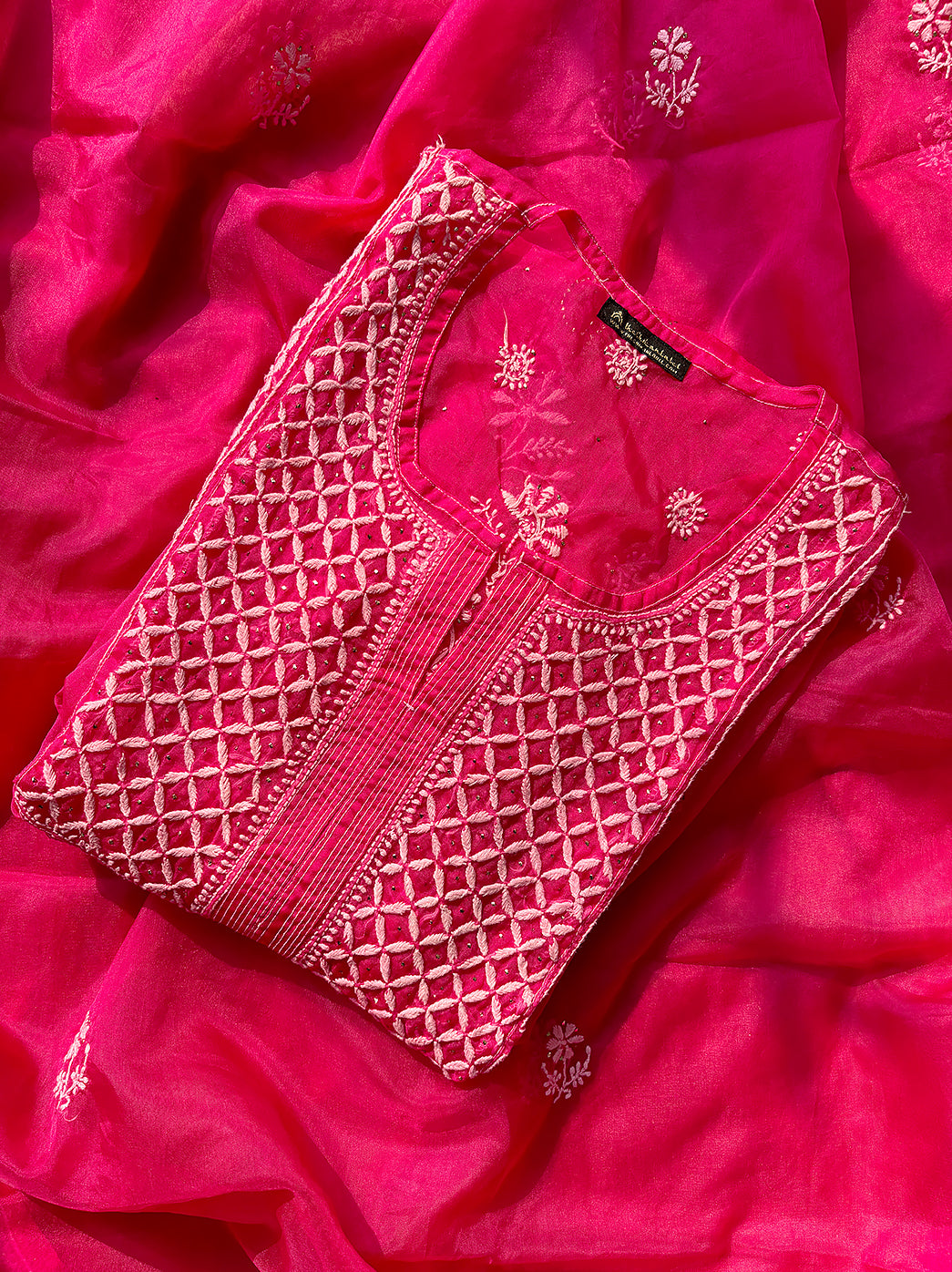 Rani Pink Ahilya Organza Chikankari A-Line Kurta with Dupatta