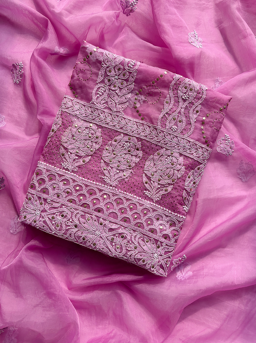 Pink Un-Stitched Semi Organza Chikankari Suit