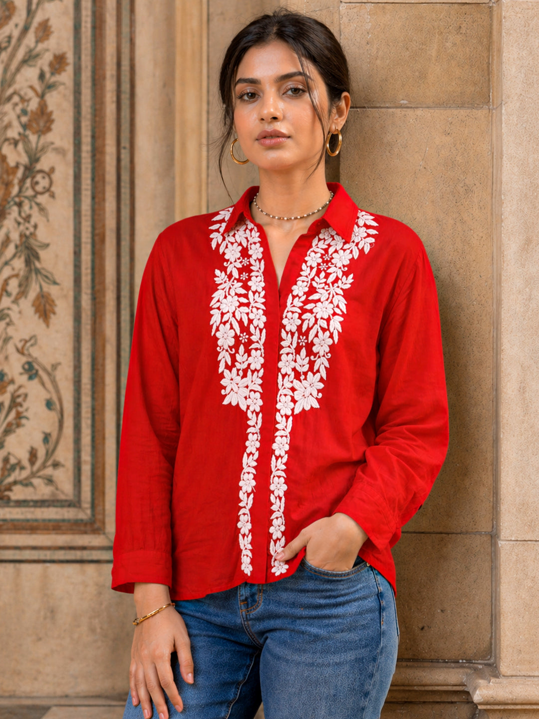Drisha Mulmul Cotton Chikankari Shirt - Red