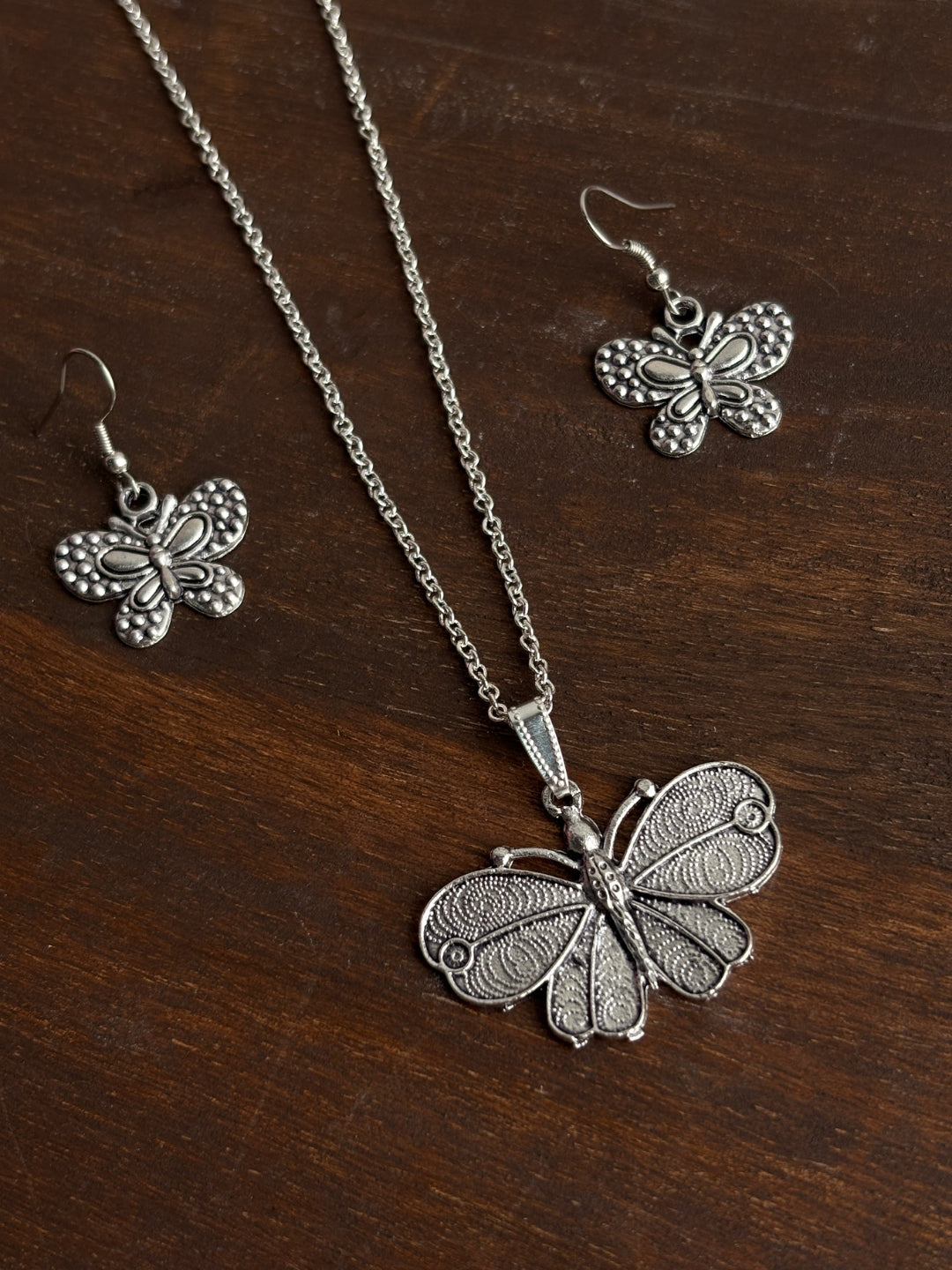 Titli Oxidised Silver Butterfly Pendant Necklace & Earrings Set
