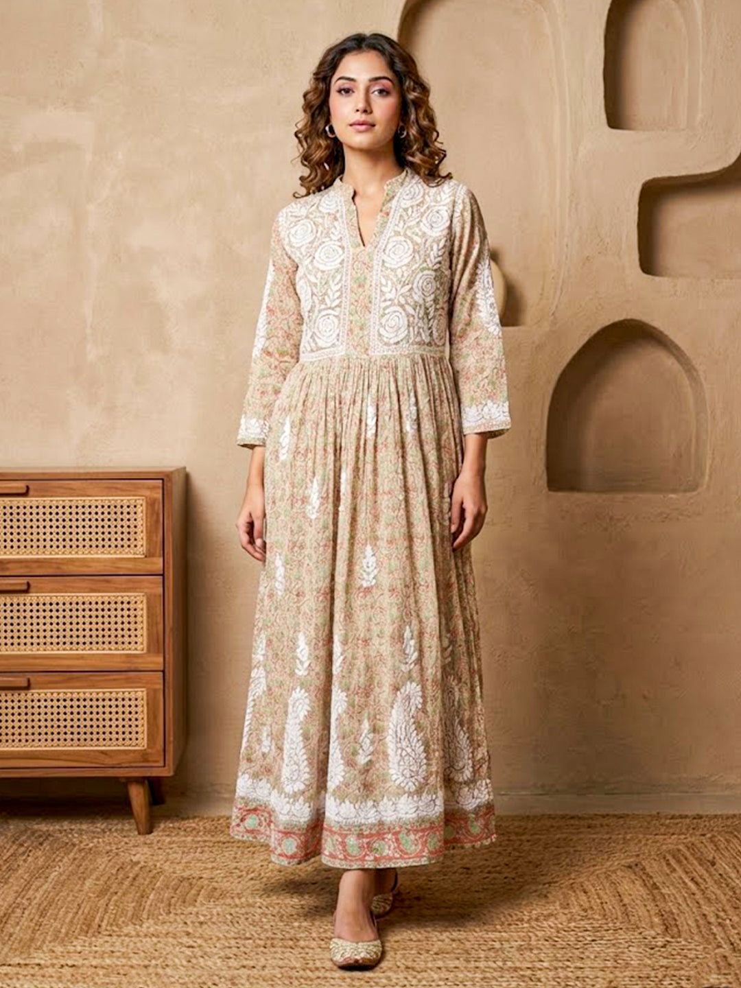 Orange Mulmul Chikankari Anarkali Kurti