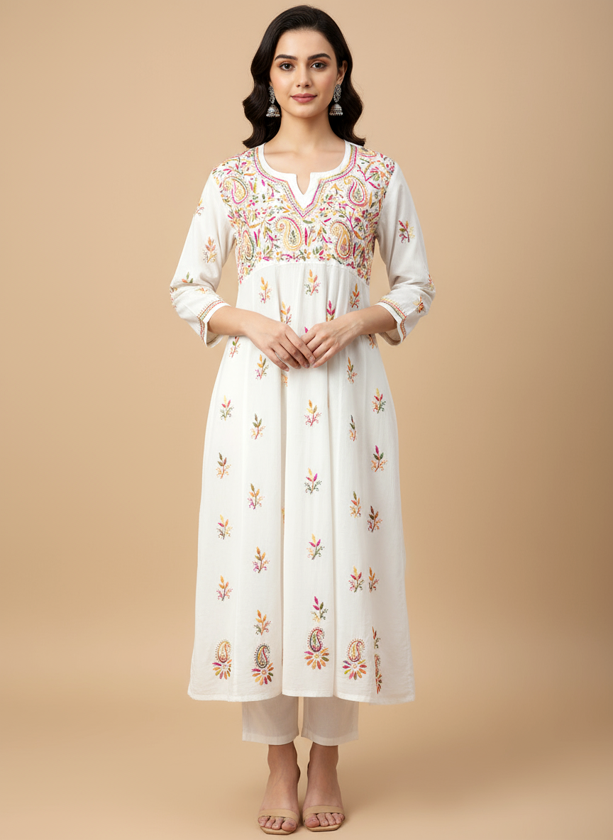 White Cotton Chikankari A-Line Kurti