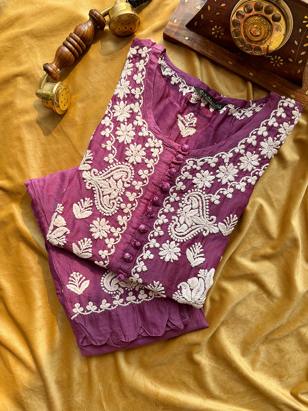 Purple Chanderi Chikankari Kurti Pant Set