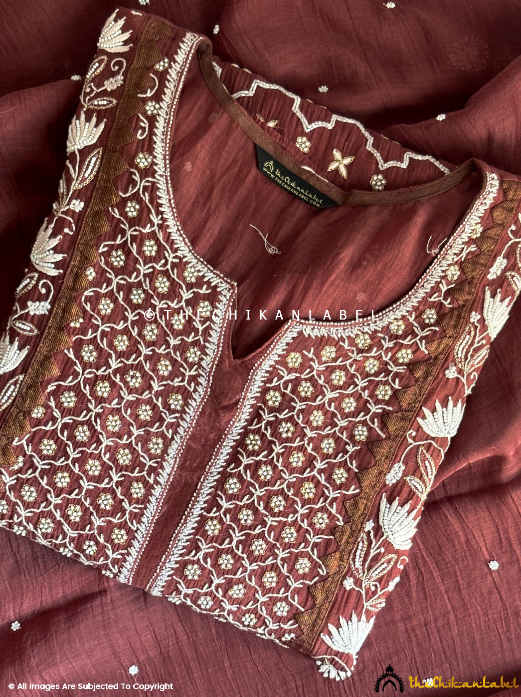 Brown Hania Mulmul Chanderi Chikankari Straight Kurta Set with Dupatta