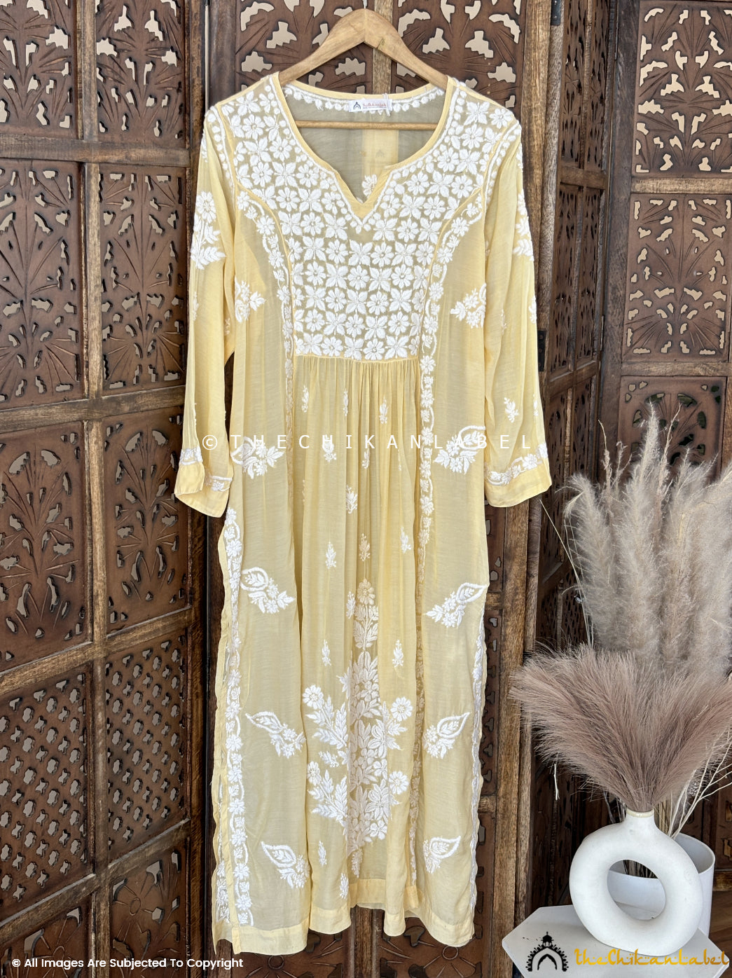 Yellow Samina Crepe Straight Chikankari Kurti