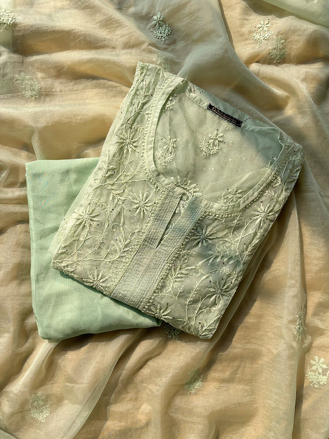 Green Tahilya Organza Chikankari Kurta Set with Dupatta