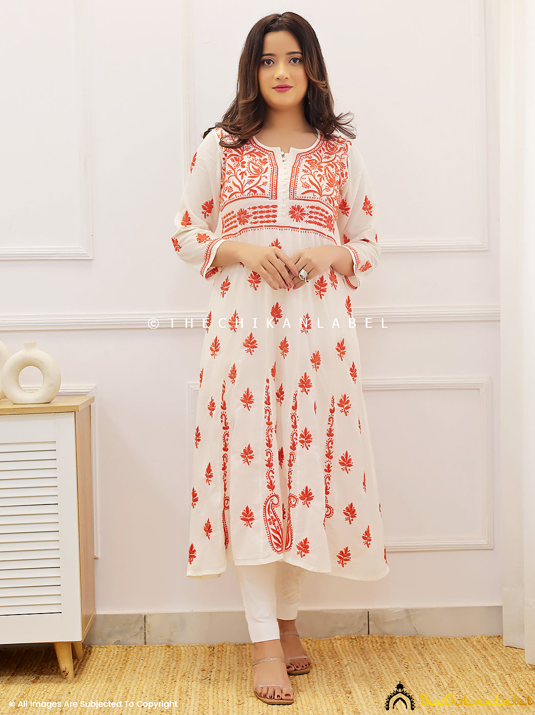 Red Cotton Chikankari Anarkali Kurti