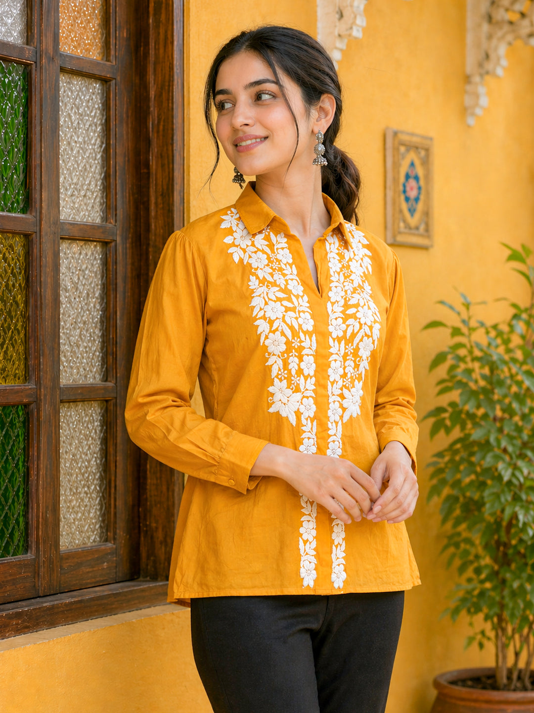 Drisha Mulmul Cotton Chikankari Shirt - Mustard Yellow
