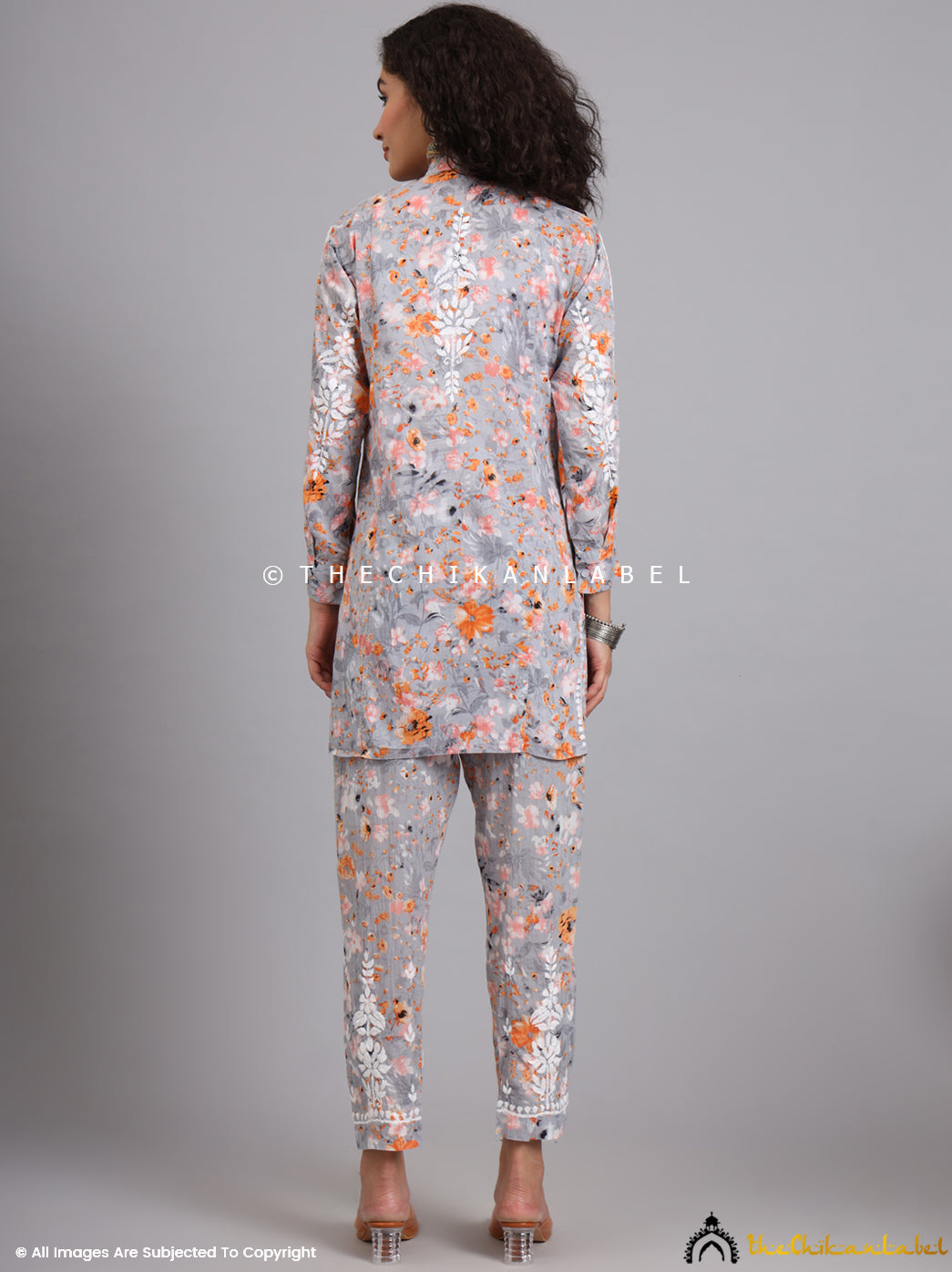 Orange Yashi Mulmul Printed Chikankari Co-ord Set