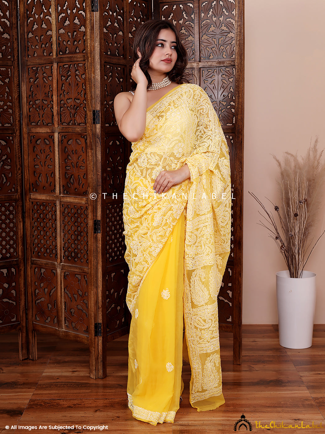 Yellow Sahira Georgette Chikankari Half Jaal Saree