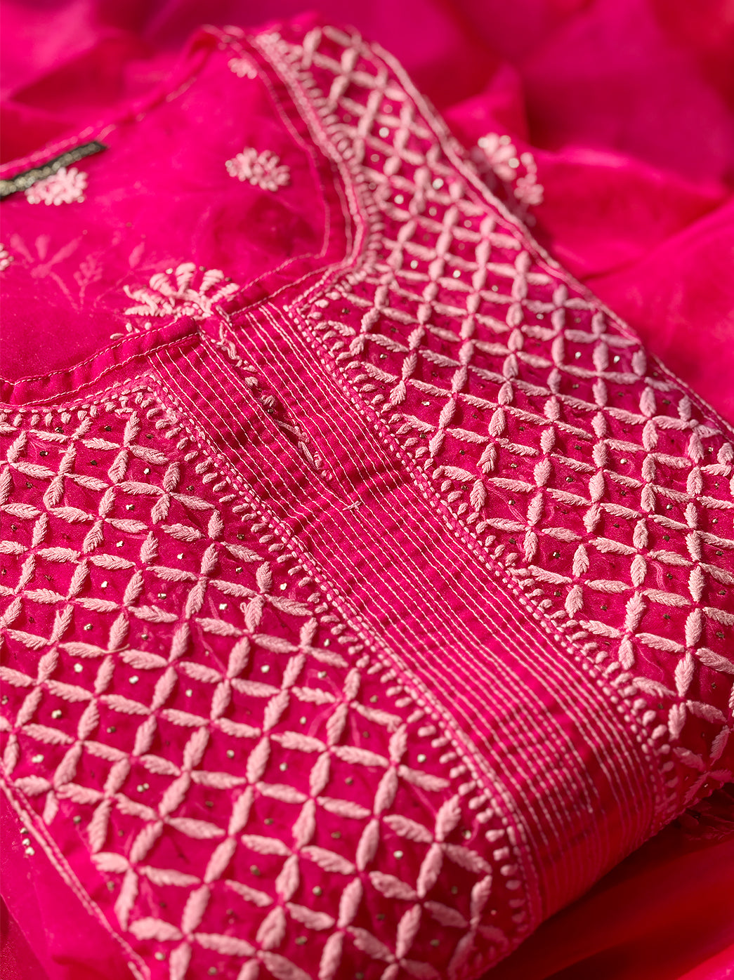 Rani Pink Ahilya Organza Chikankari A-Line Kurta with Dupatta