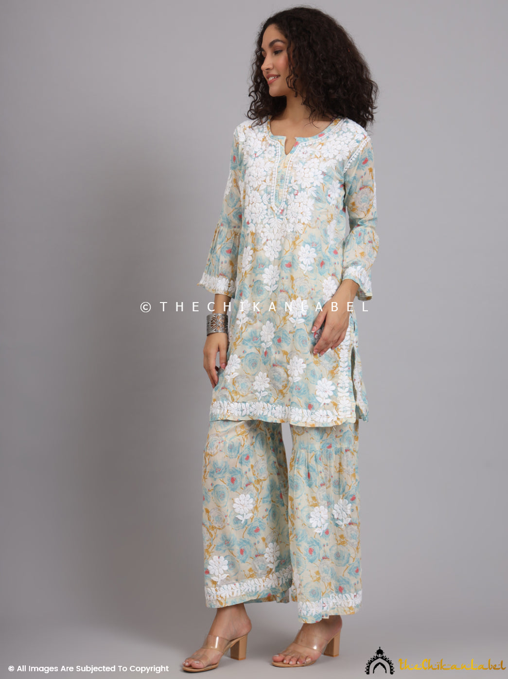 Blue Tarz Mulmul Cotton Chikankari Kurta Garara Set