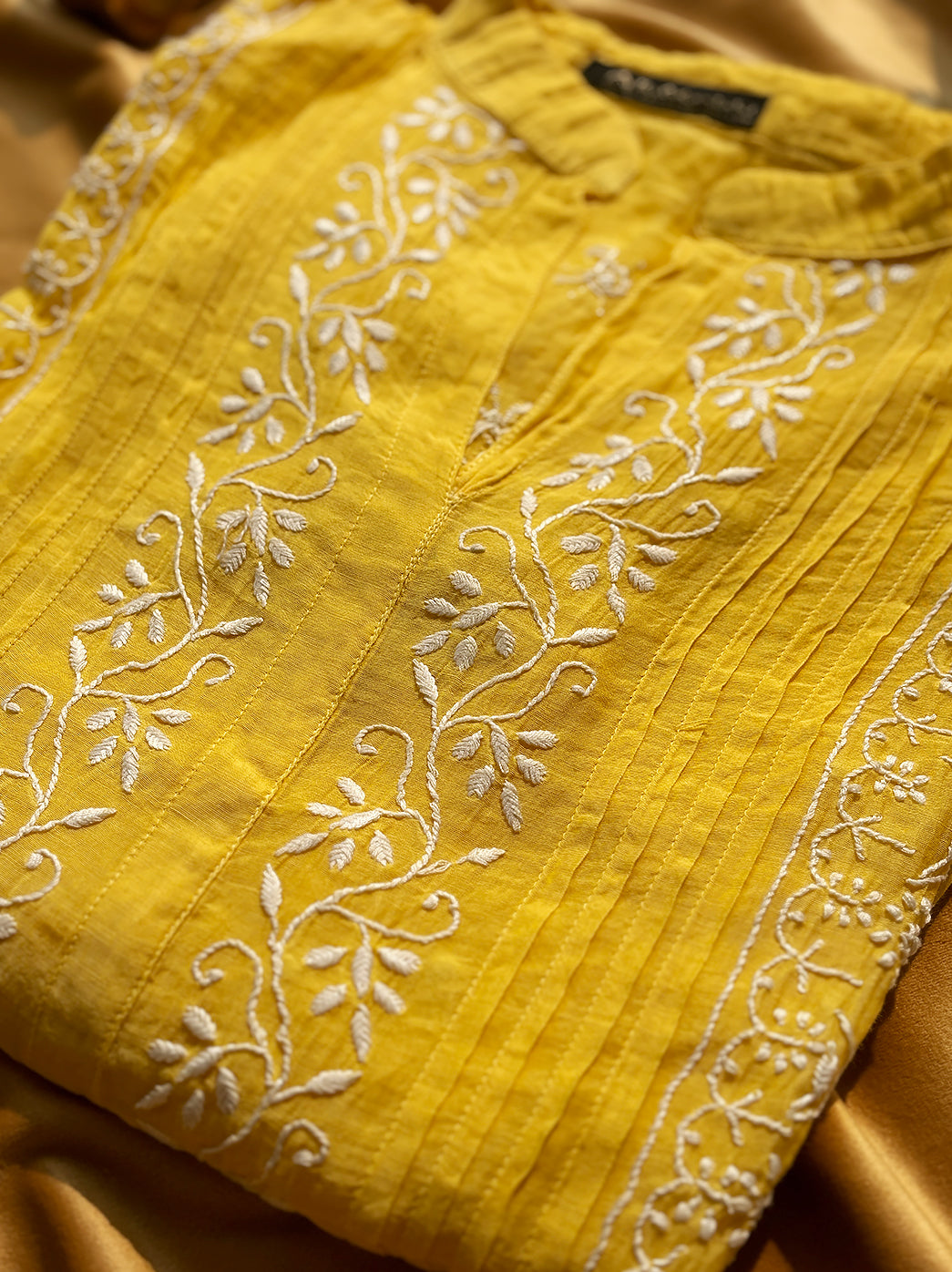 Yellow Feba Mulmul Chanderi Semi-stitched Chikankari Shirt