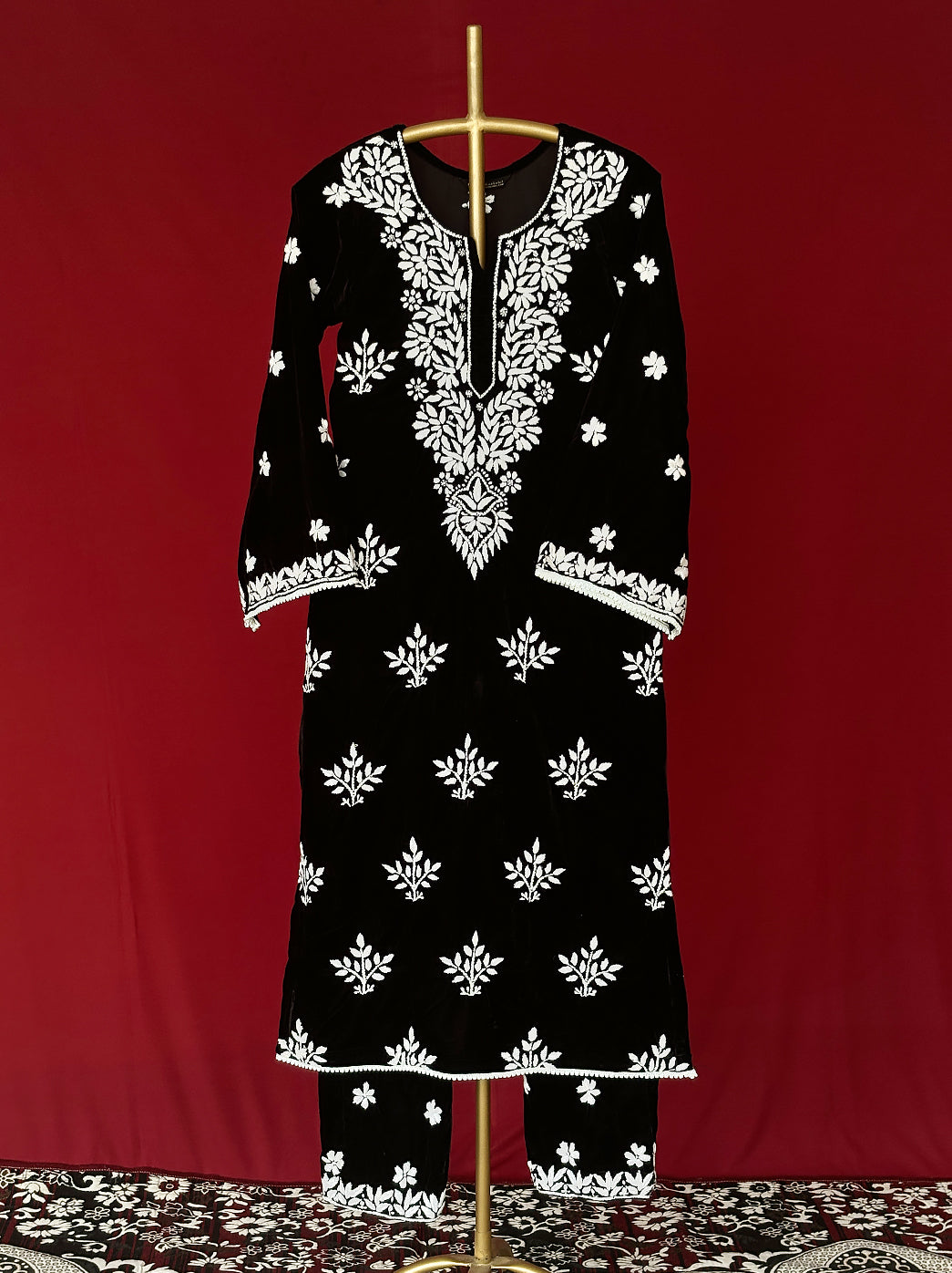 Black Vaanya Velvet Chikankari Straight Kurti Pant Set