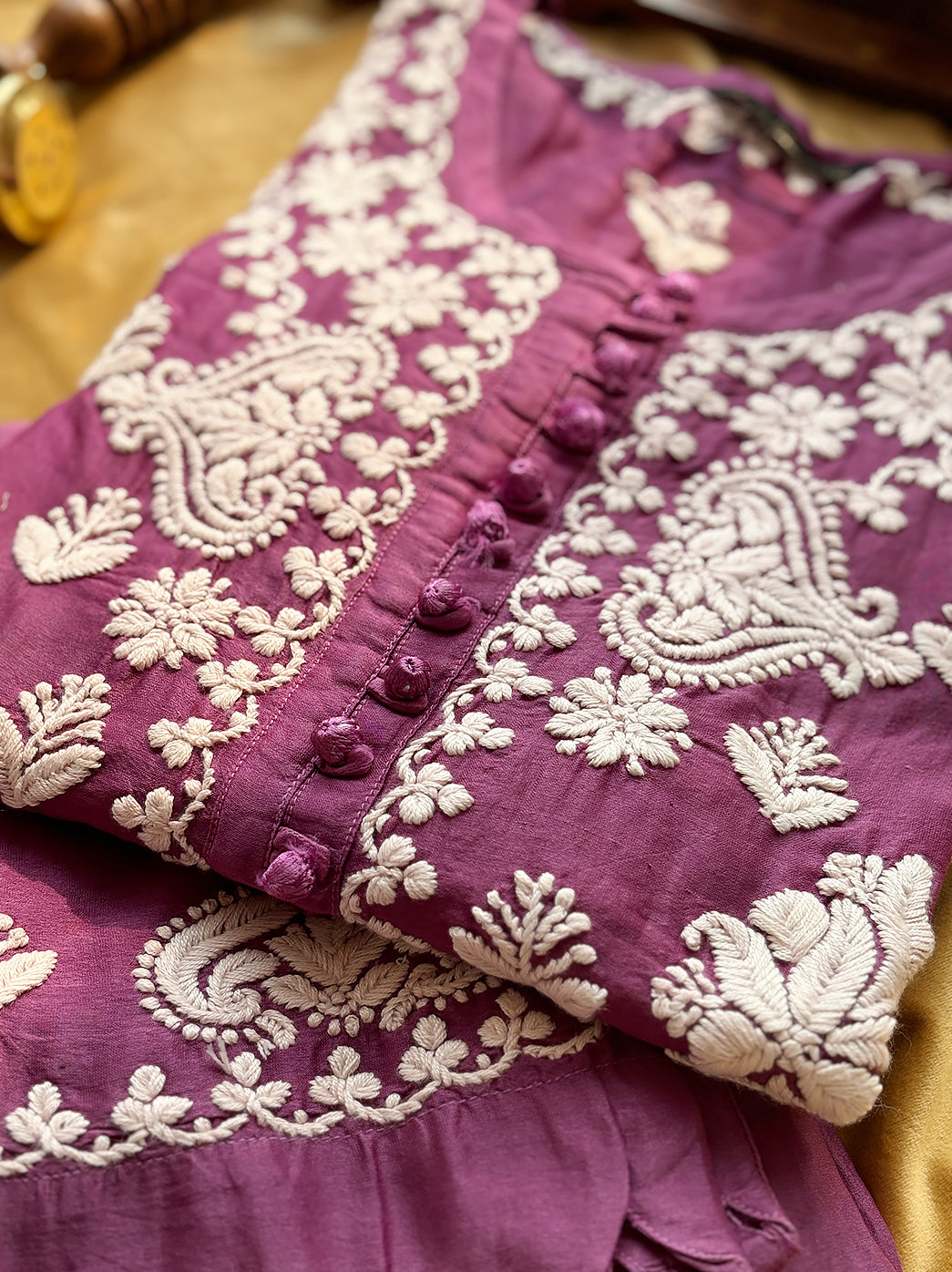 Purple Chanderi Chikankari Kurti Pant Set