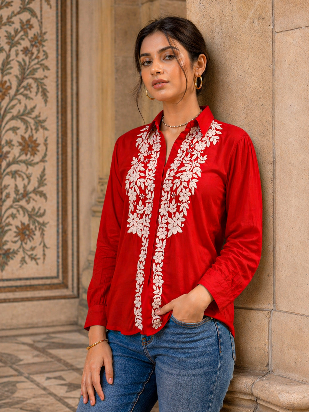 Drisha Mulmul Cotton Chikankari Shirt - Red