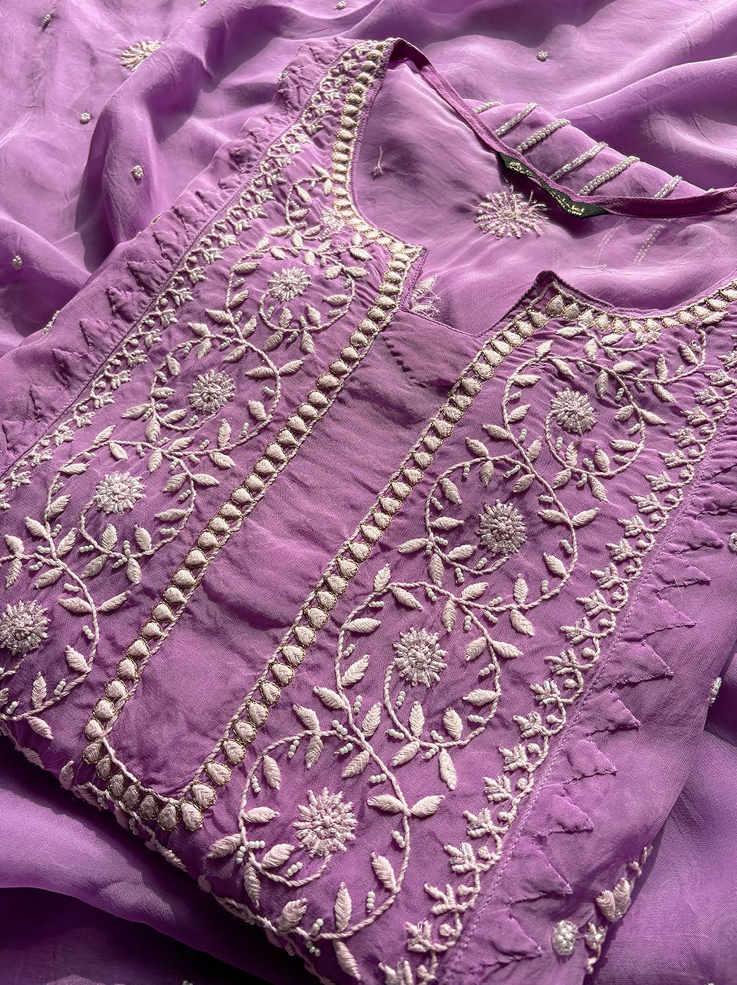 Purple Semi-Stitched Organza Chikankari Suit