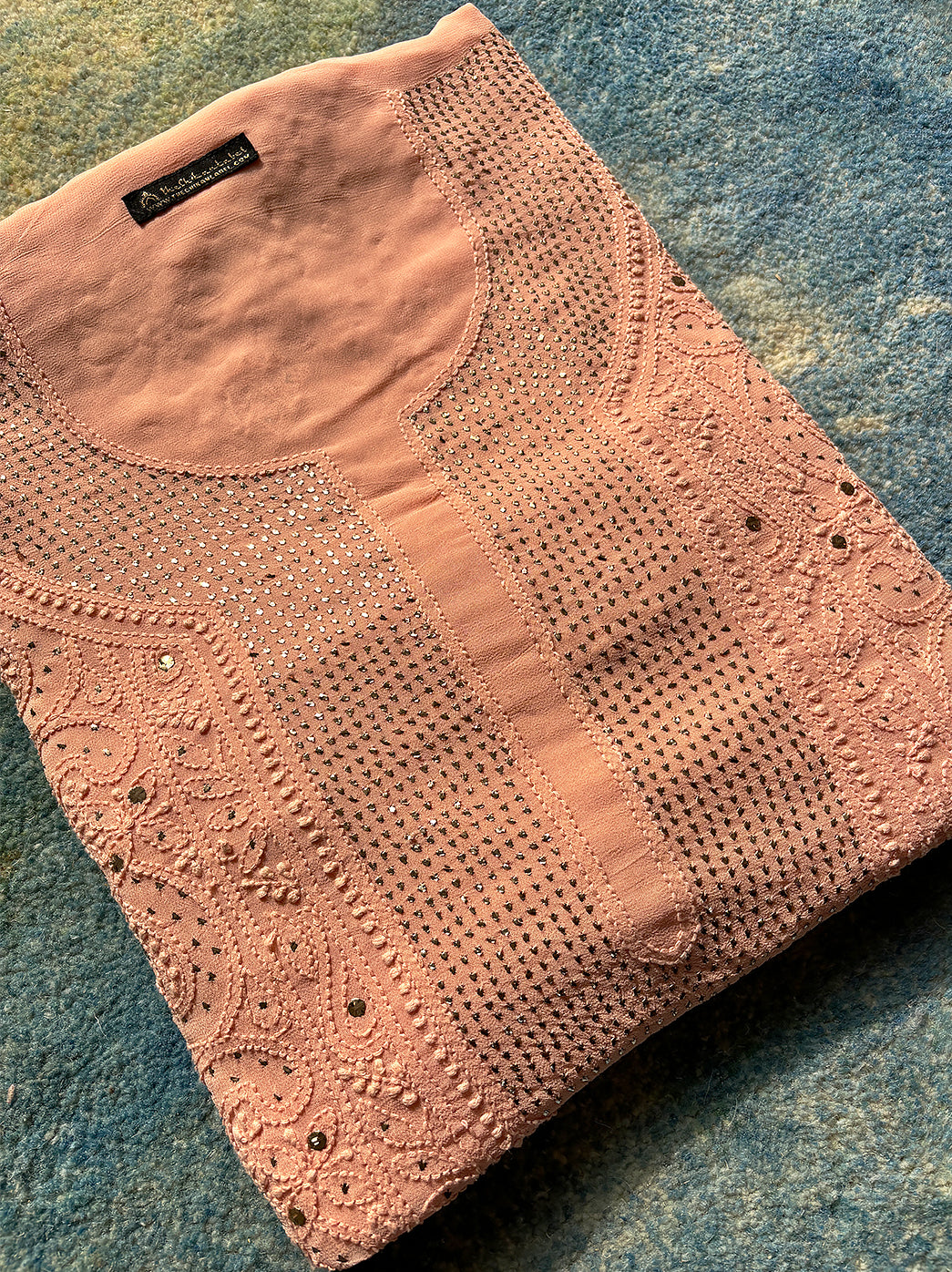 Peach Viscose Chikankari Un-Stitched Kurta with Dupatta