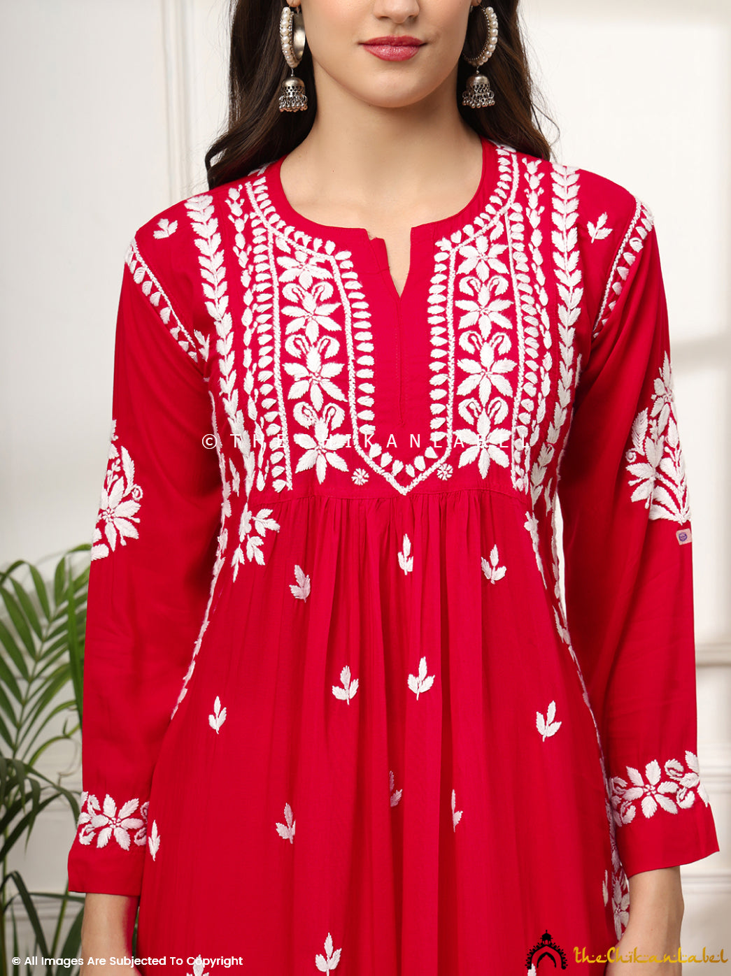 Red Aardhya Rayon Chikankari A-Line Kurti