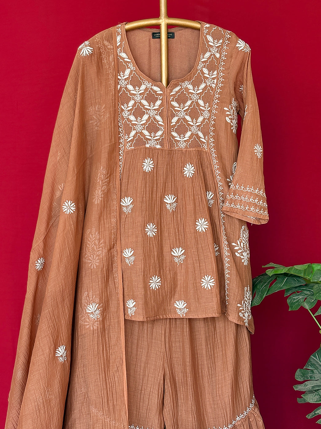 Brown Mulmul Chanderi Short Kurti Garara Set