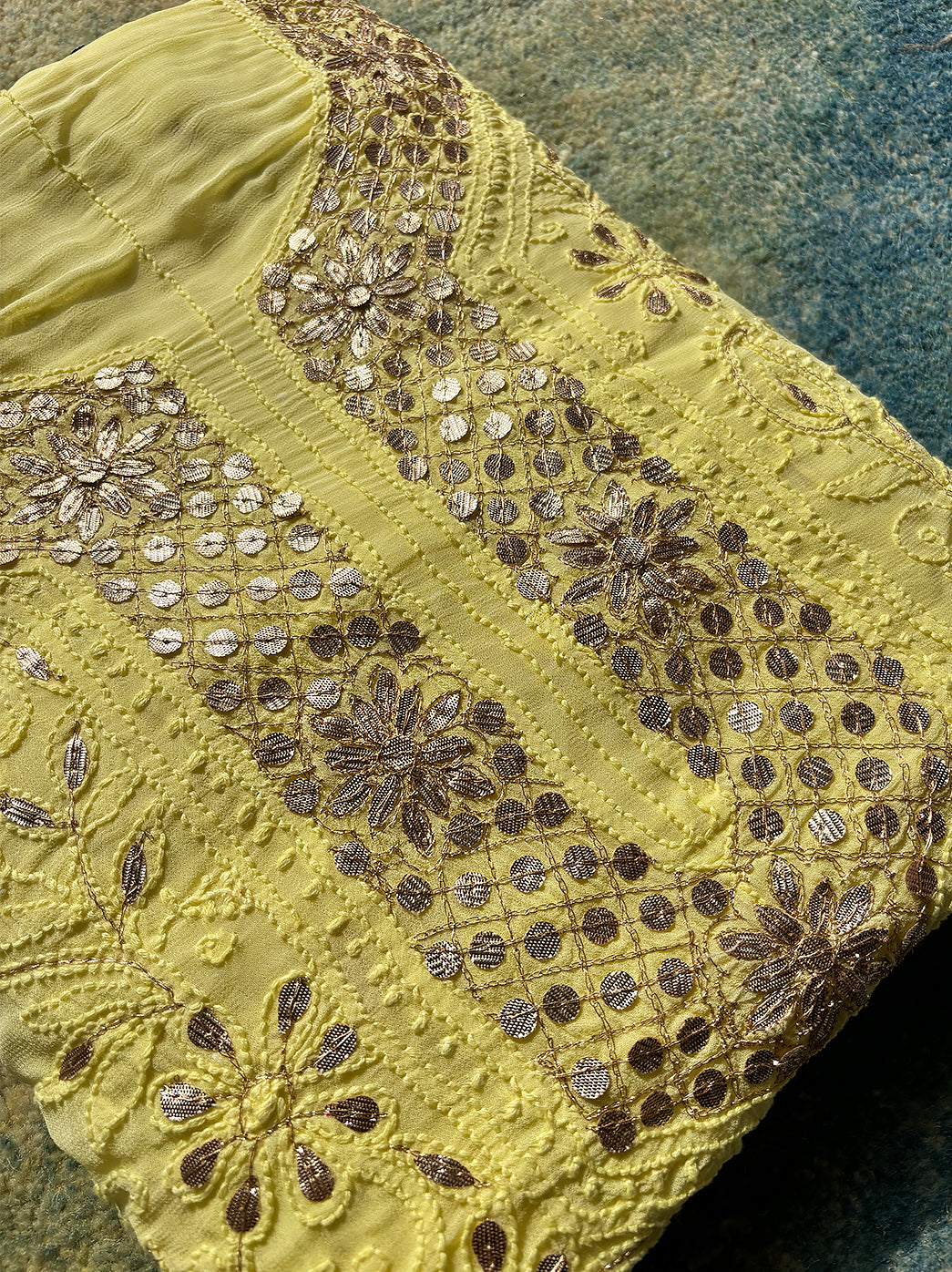 Lime Yellow Shiza Viscose Un-Stitched Chikankari Gota Patti Suit