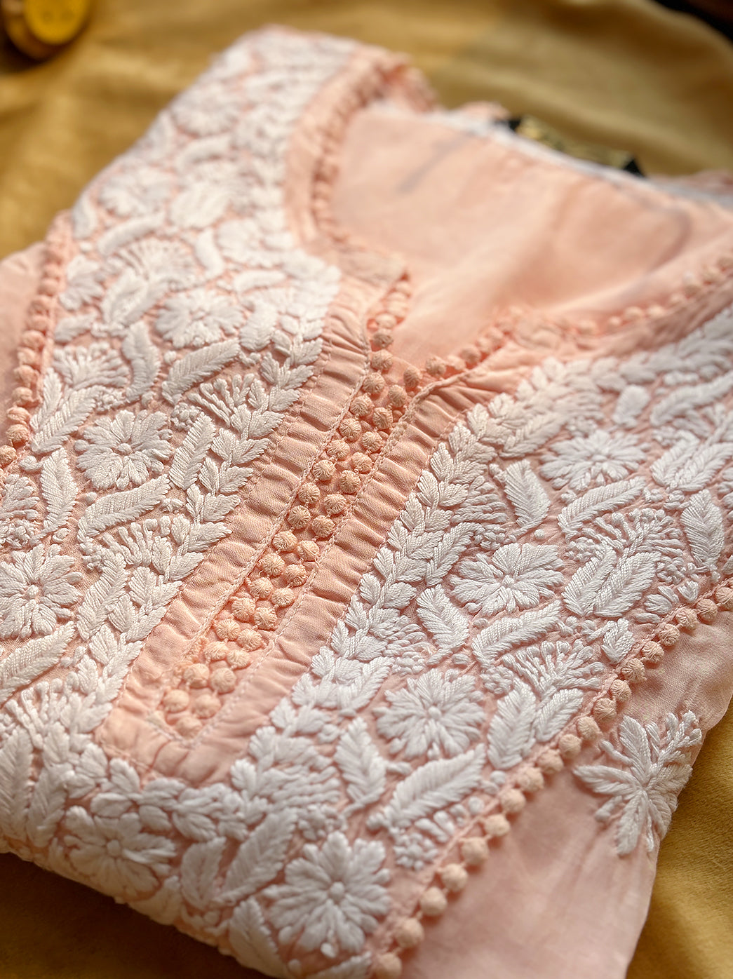 Peach Nargis Muslin Chikankari Straight Kurti