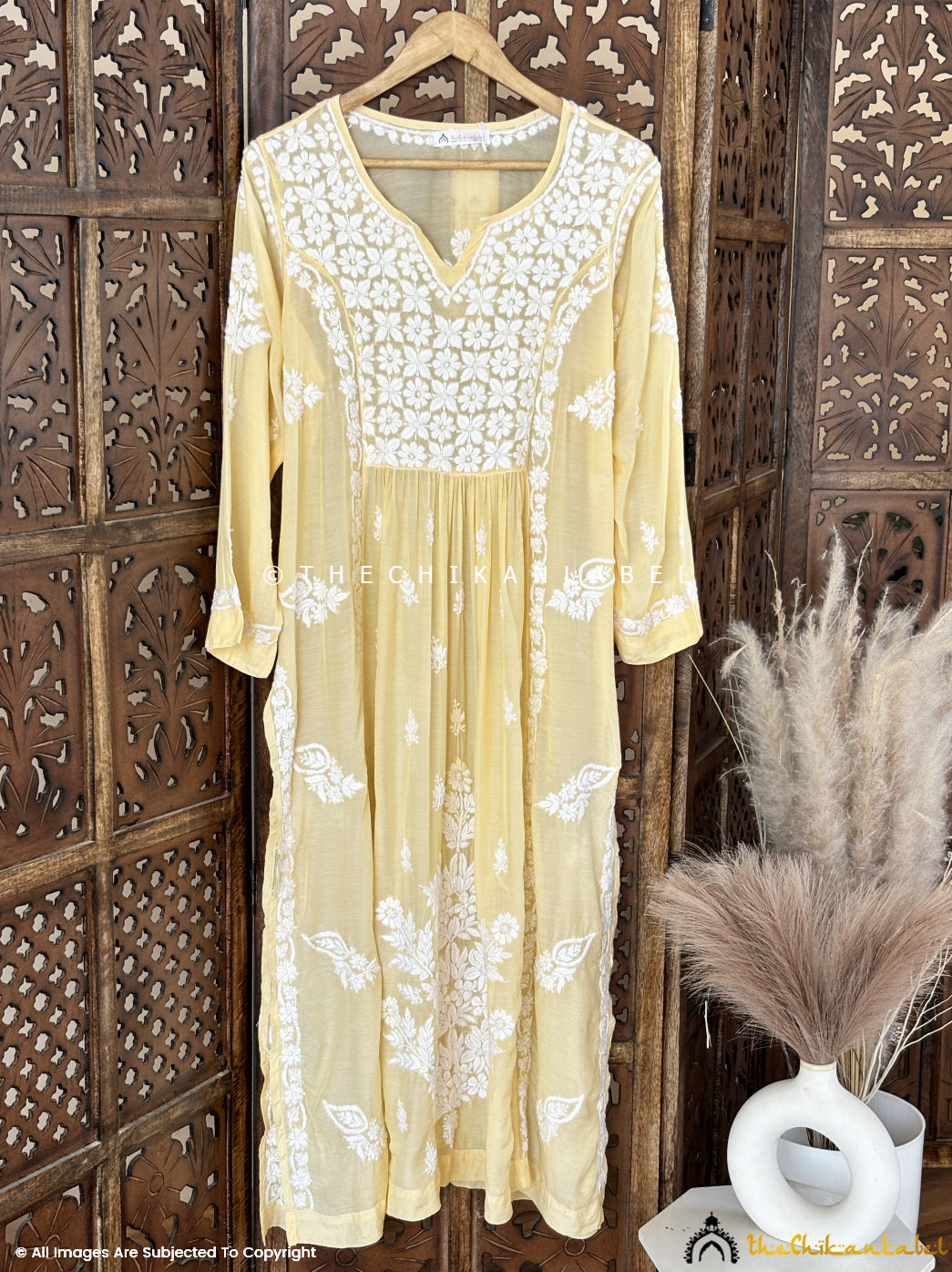 Yellow Samina Crepe Straight Chikankari Kurti