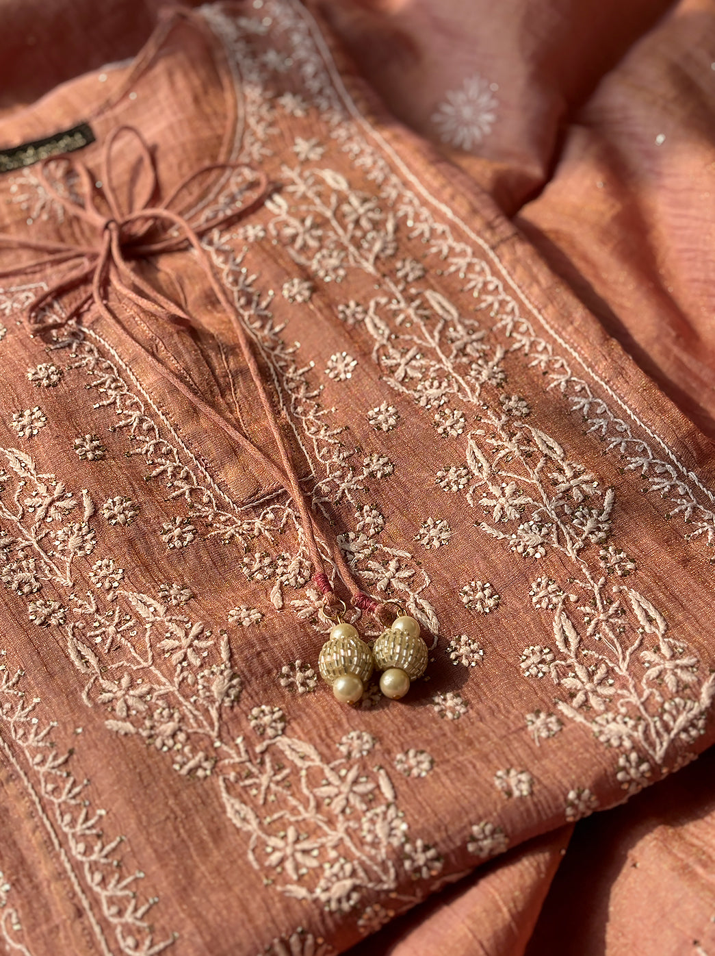 Latte Roomi Tissue Silk Chikankari Straight Kurti With Dupatta