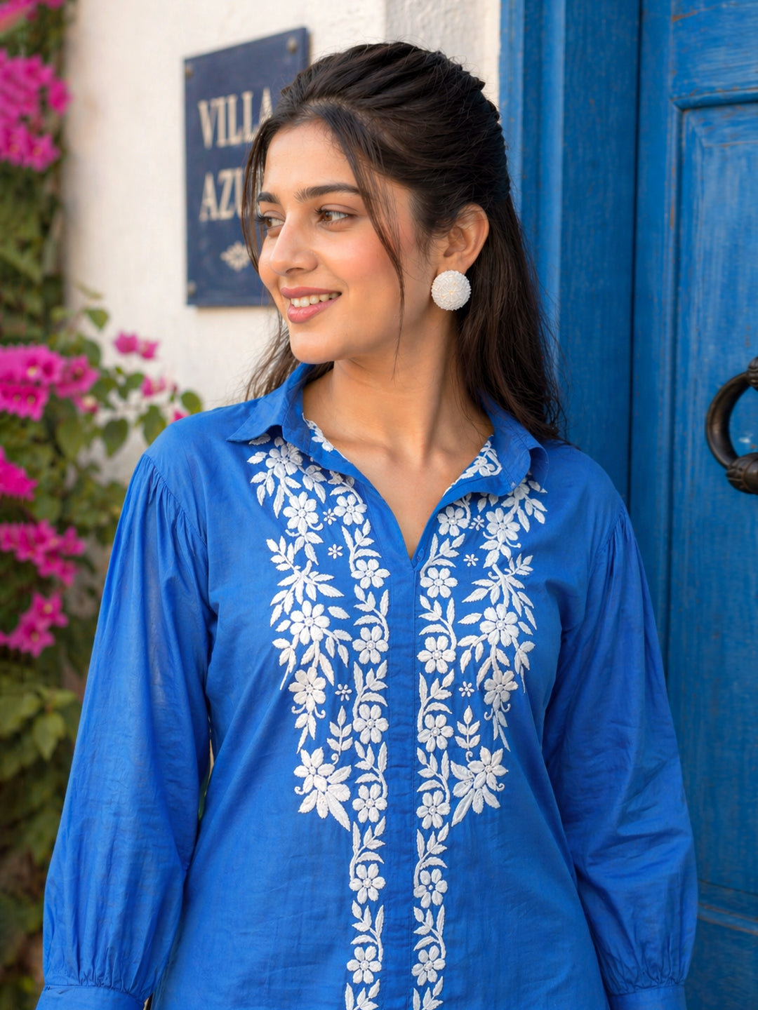 Drisha Mulmul Cotton Chikankari Shirt - Blue