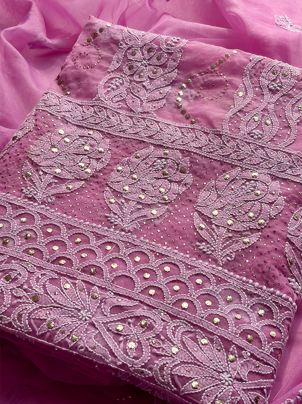 Pink Un-Stitched Semi Organza Chikankari Suit