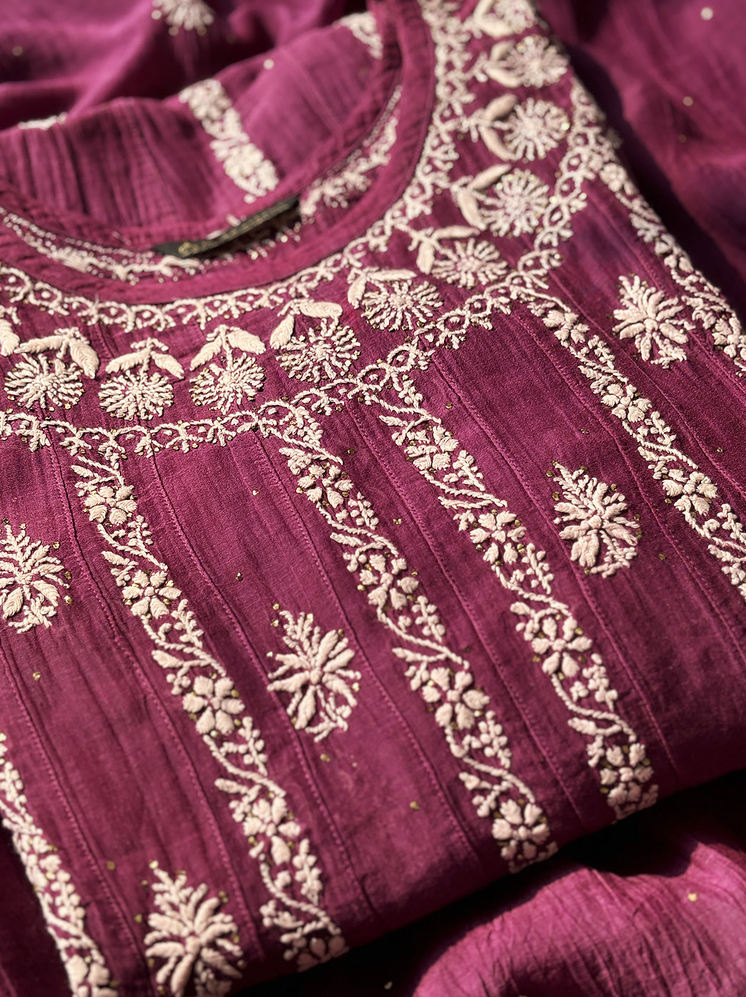 Purple Bhoomi Tissue Silk Chikankari Straight Kurti with Dupatta