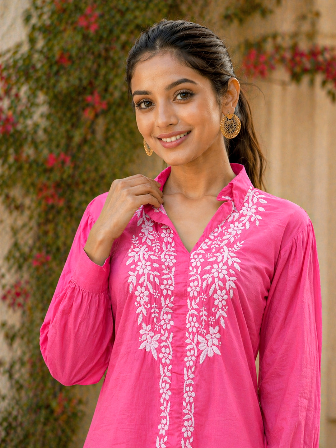 Drisha Mulmul Cotton Chikankari Shirt - Pink