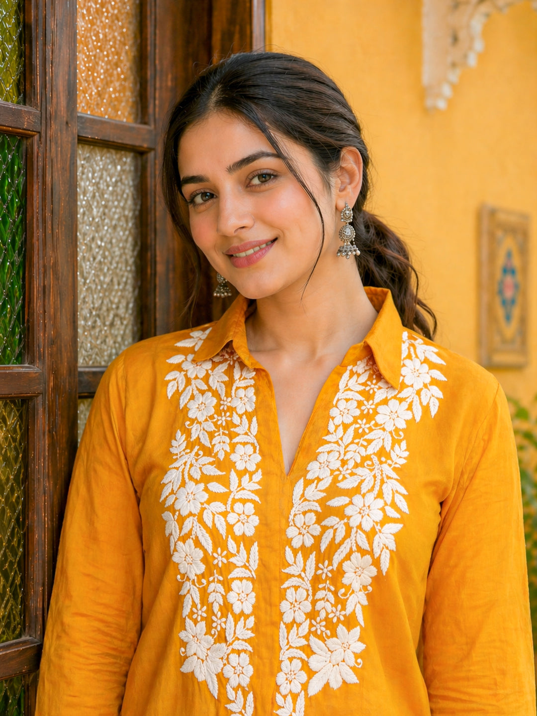 Drisha Mulmul Cotton Chikankari Shirt - Mustard Yellow