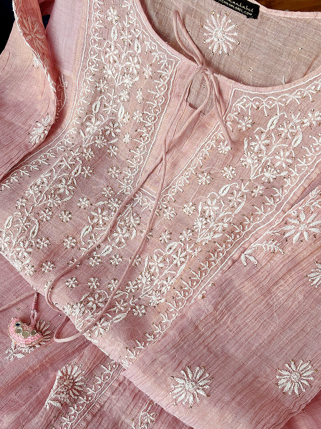 Peach Roomi Tissue Silk Chikankari Straight Kurti With Dupatta