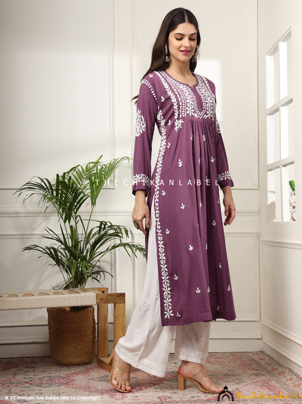 Mauve Aardhya Rayon Chikankari A-Line Kurti