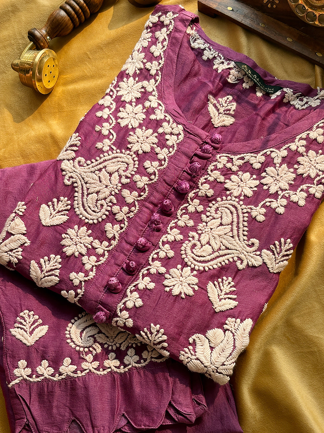 Purple Chanderi Chikankari Kurti Pant Set