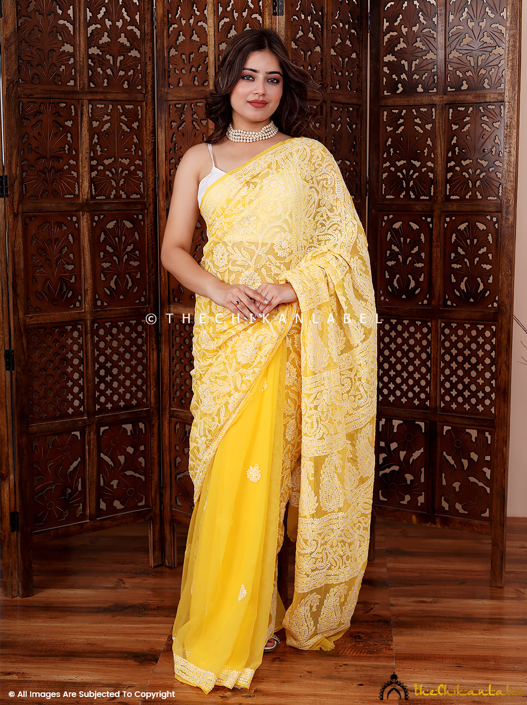 Yellow Sahira Georgette Chikankari Half Jaal Saree