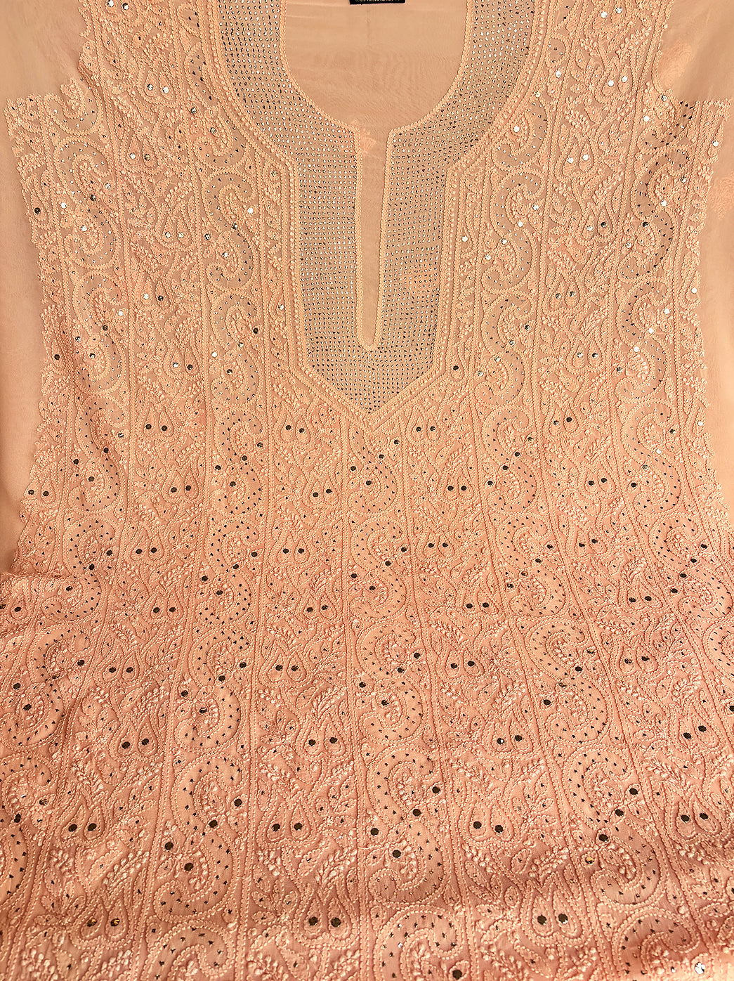 Peach Viscose Chikankari Un-Stitched Kurta with Dupatta