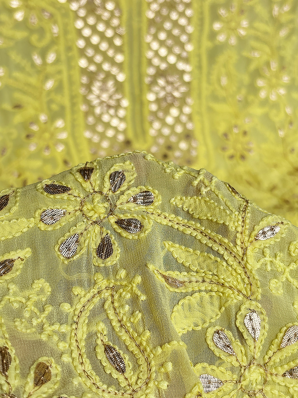 Lime Yellow Shiza Viscose Un-Stitched Chikankari Gota Patti Suit