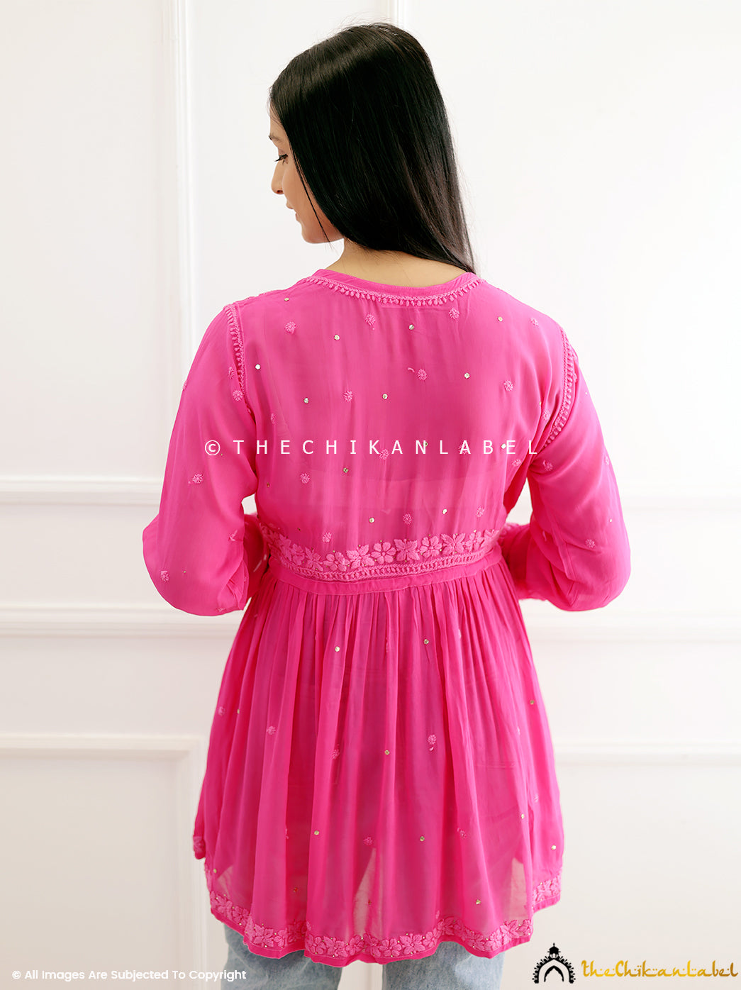 Hot Pink Viscose Chikankari Peplum Angrakha