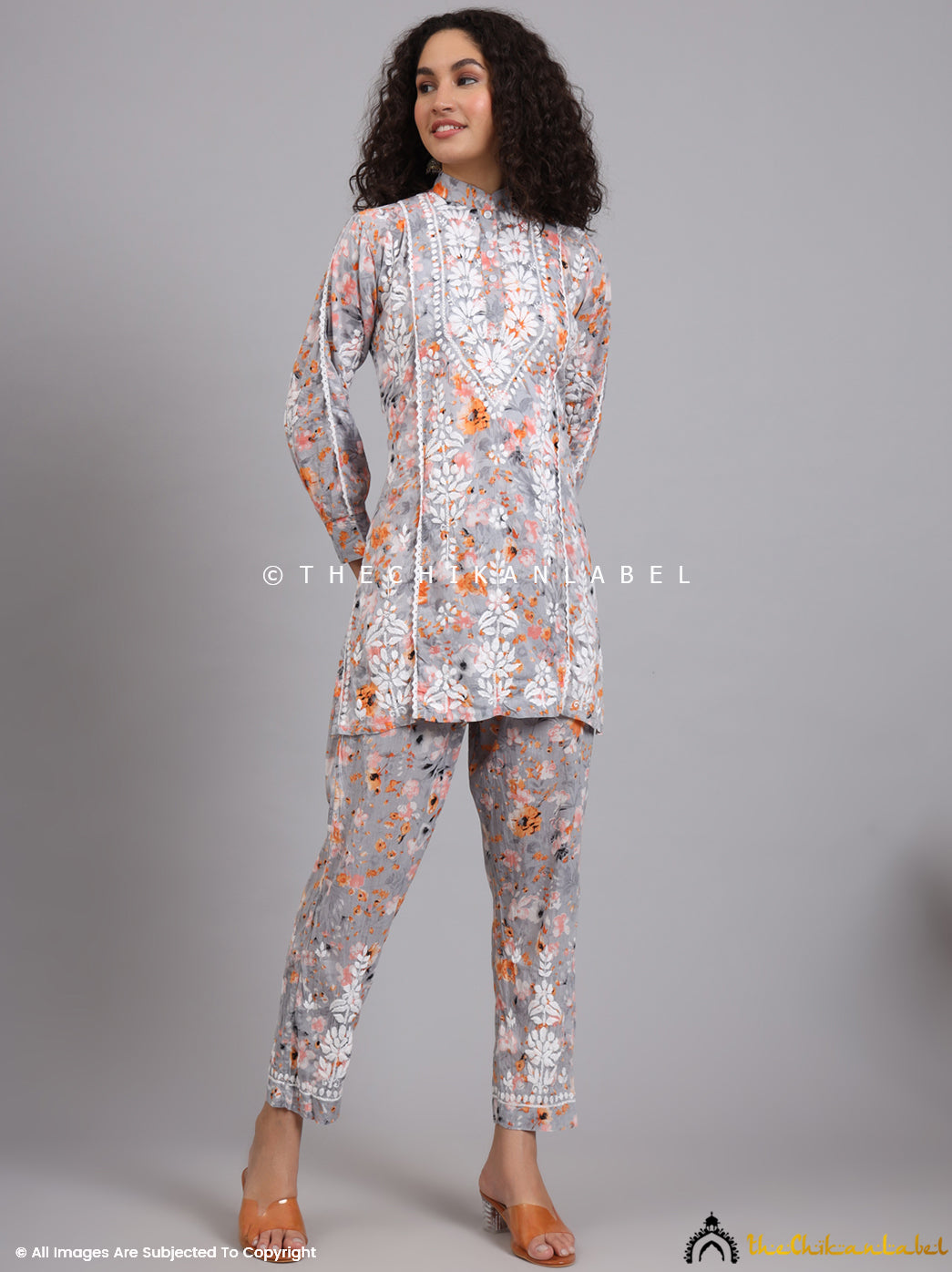 Orange Yashi Mulmul Printed Chikankari Co-ord Set